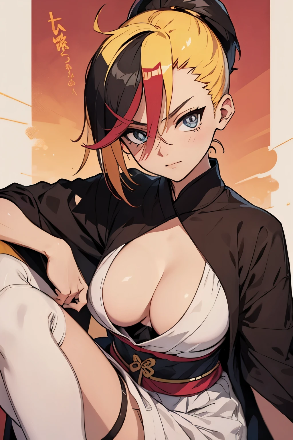um desenho de uma mulher com uma roupa preta segurando uma espada, inspirado em Kusumi Morikage, inspirado em Kanō Hōgai, inspirado em Kano Sanraku, inspired by Kawabata Ryūshi, samurai feminino, Japanese anime style, personagem de estilo anime