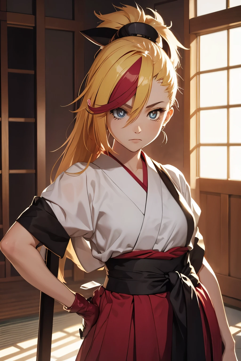 (upper body:1.3),Temari,yellow hair,short hair,Quad Tails,Forehead Protector,Headband,Japanese Clothes,Black Kimono,Red Belt,leotard,smile,cleavage,small breasts,bare legs,thighs,masterpiece,Noise Reduction,perfect anatomy,high resolution, ultra-detailed, ultra-detailed face,game cg,dutch angle ,beautiful detailed eyes,visualart,five fingers, perfect hands, perfect lighting, sparkling pupils,