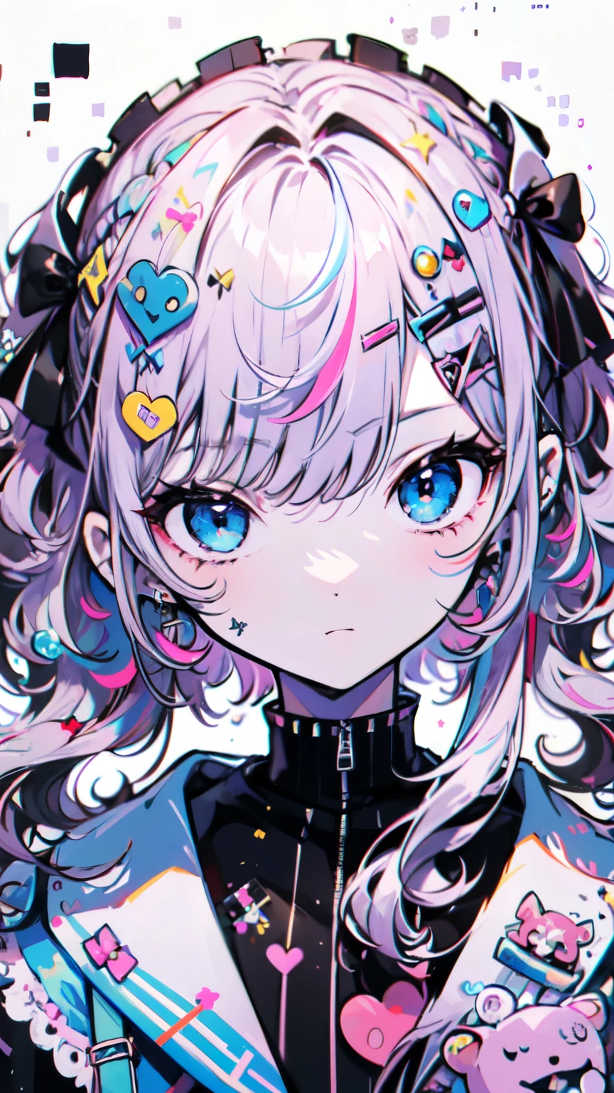 ((masterpiece、8K、highest quality)), Detailed face, Fine grain,(SupportHair)、light purple hair、(multi color hair)、((SupportHair))、Bright Blue Eyes、One girl、(Wavy Hair)、Harajuku fashion