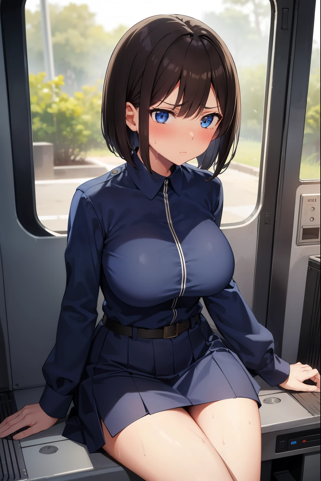 ,1 girl,Navy Blue American Police,Navy blue mini skirt,blue eyes,serious face,brown hair,bob hair,jungle,Big Breasts,blush,Sweat,diagonal,thin,Inside the transport plane,sit,