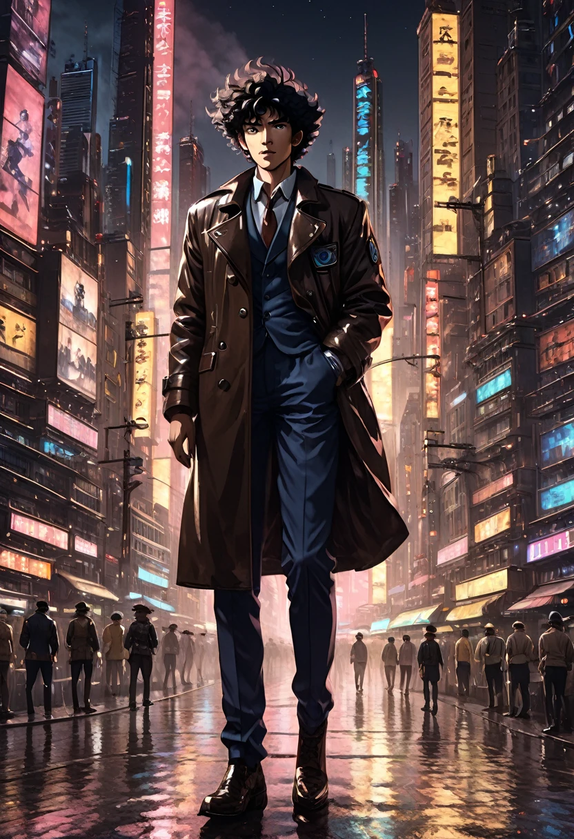 1boy, Spike Spiegel, Cowboy Bebop, brown eyes, smile, black hair, cbbebop, cbbebop spaceship, (best quality,4k,8k,highres,masterpiece:1.2),ultra-detailed,(realistic,photorealistic,photo-realistic:1.37),worn-out,post-apocalyptic,gritty,dark-colored,retro,sci-fi,cyberpunk,anime,neon lights,deserted city,chrome,synthetic materials,weathered leather,sleek spaceships,explosions,looming skyscrapers,vivid colors,futuristic technology,dystopian landscape,moonlit sky,cigarette smoke,detectives in long coats,mystery-filled,elegant jazz music,loneliness and nihilism,pastel colors and sunsets,blurred backgrounds,hard-boiled antiheroes,gritty gunfights,interstellar bounty hunters,dramatic city skylines,stylized visuals of city life,edgy graffiti,expressive facial expressions,action-packed chase scenes,cool and confident characters,retro-futuristic architecture,cinematic camera angles,provocative and thought-provoking compositions