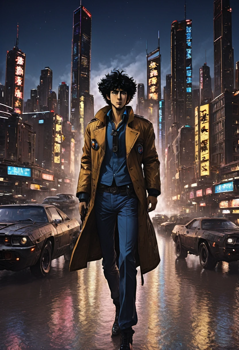 1boy, Spike Spiegel, Cowboy Bebop, brown eyes, smile, black hair, cbbebop, cbbebop spaceship, (best quality,4k,8k,highres,masterpiece:1.2),ultra-detailed,(realistic,photorealistic,photo-realistic:1.37),worn-out,post-apocalyptic,gritty,dark-colored,retro,sci-fi,cyberpunk,anime,neon lights,deserted city,chrome,synthetic materials,weathered leather,sleek spaceships,explosions,looming skyscrapers,vivid colors,futuristic technology,dystopian landscape,moonlit sky,cigarette smoke,detectives in long coats,mystery-filled,elegant jazz music,loneliness and nihilism,pastel colors and sunsets,blurred backgrounds,hard-boiled antiheroes,gritty gunfights,interstellar bounty hunters,dramatic city skylines,stylized visuals of city life,edgy graffiti,expressive facial expressions,action-packed chase scenes,cool and confident characters,retro-futuristic architecture,cinematic camera angles,provocative and thought-provoking compositions