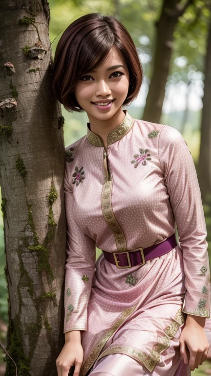 (high quality), (masterpiece), (high-resolution), original, extremely detailed 8K wallpaper, (an extremely delicate), a young girl 15 years old Malay, short pink hair bob cut, wearing baju kurung ((baju kurung: 1.6)) with a flat chest breasts, Malay hot model, attractively, plump and dainty body figure, photorealistic perfect body figure, really flat chest breasts, ultra realistic picture, perfect detail body figure, leaning seductive on a tree trunk, nose blush, big laugh,