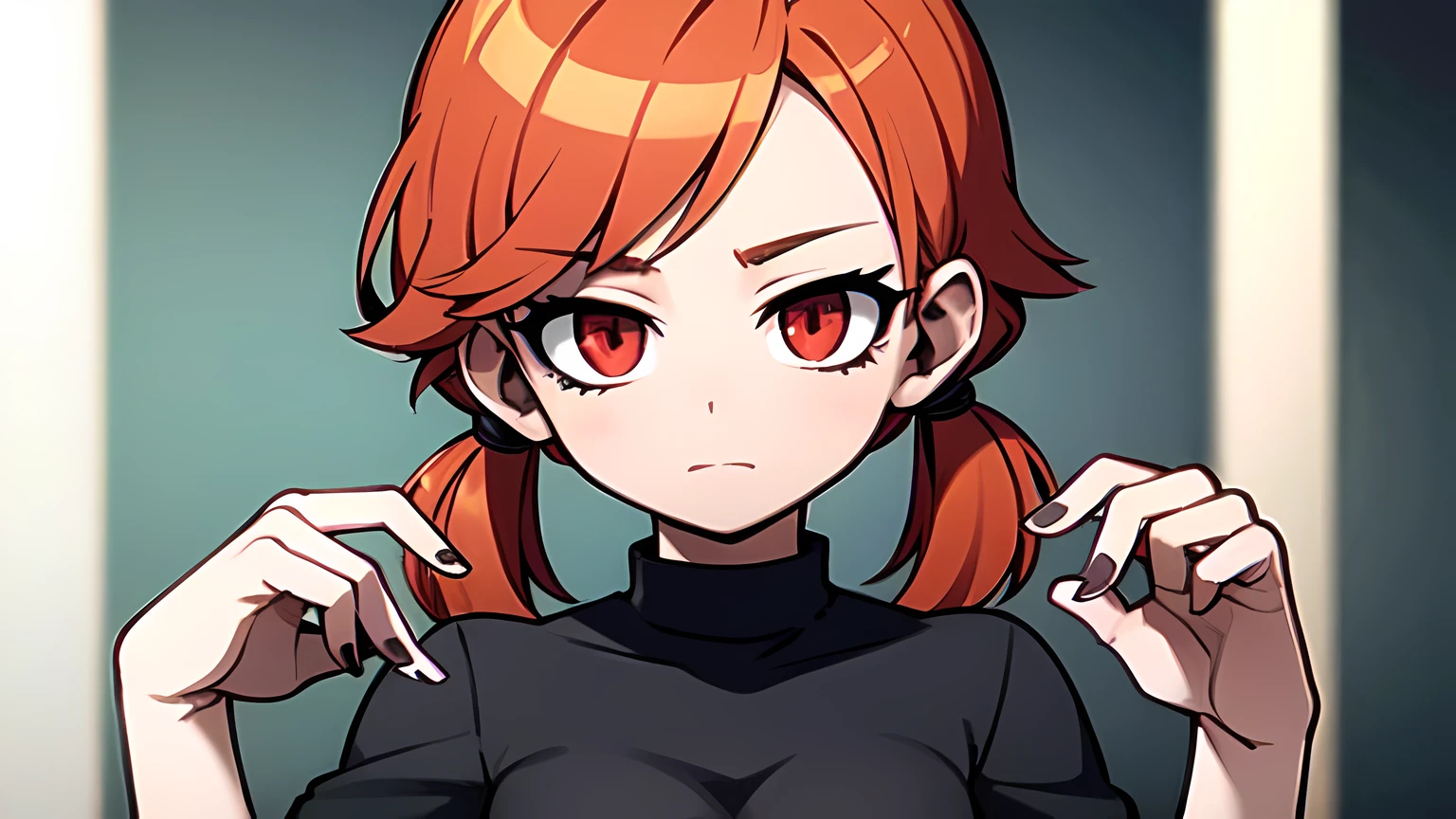 1girl,solo,upper body,looking at viewer,facing viewer,short low twintails,orange curly hair,red eyes,twin parted bangs,hair pulled back