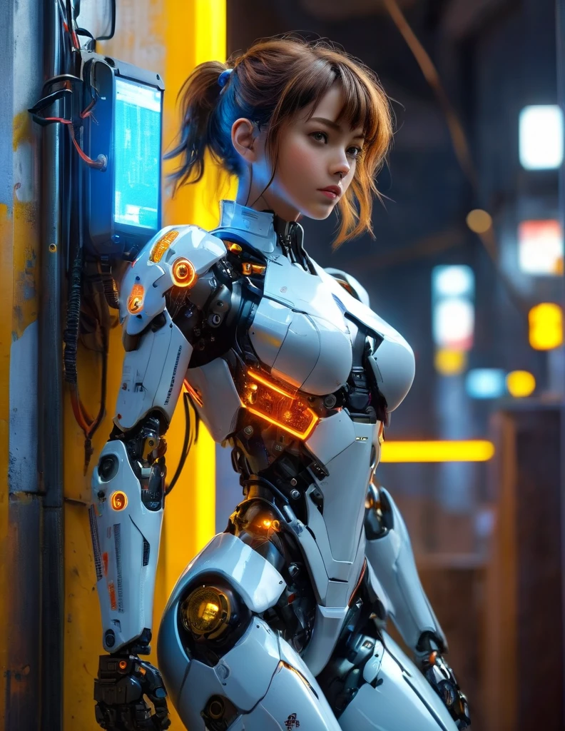 (a humanoid has mechanical body and head, (((emit rays from lenses on her breasts))), (cables), round face, in a huge factory), ((mechanical chest and hands, ((dropping machine oil from her body)))), drooping eyes,