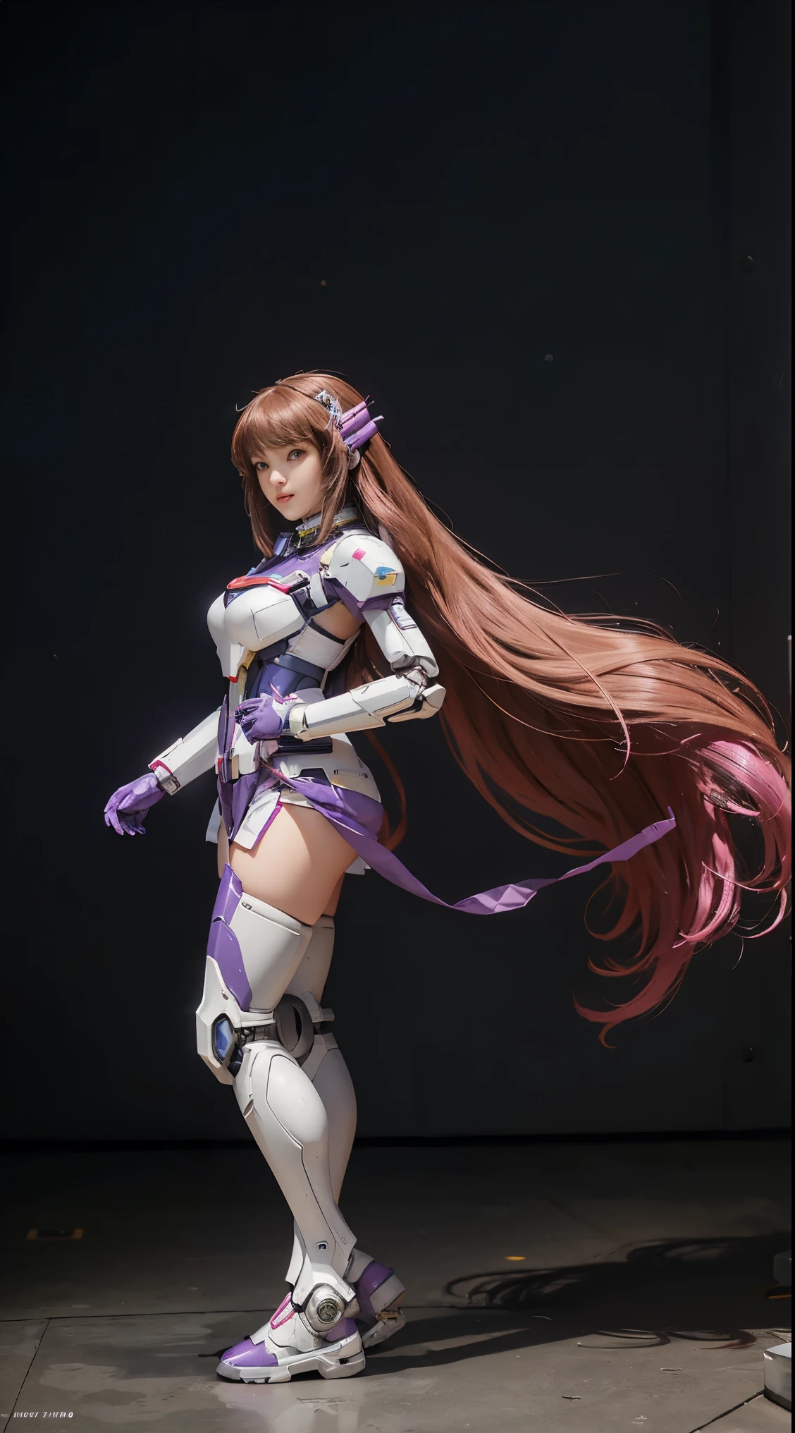 RAW, Masterpiece, Ultra Fine Photo,, Best Quality, Ultra High Resolution, Photorealistic, Sunlight, Full Body Portrait, Stunningly Beautiful,, Dynamic Poses, Delicate Face, Vibrant Eyes, (Side View) a close up of a woman in a pink and white gundam custume, dybamic pose, long brown very very long hair rapunzel, girl in mecha cyber armor, portrait armored astronaut girl, d. va from overwatch, female mecha, on a gundam, gundam head, chiho aoshima color scheme, mobile suit, streamlined purple armor, fully robotic!! girl, realistic cosplay, gundam armor (dynamic pose) (best cameraview), full body