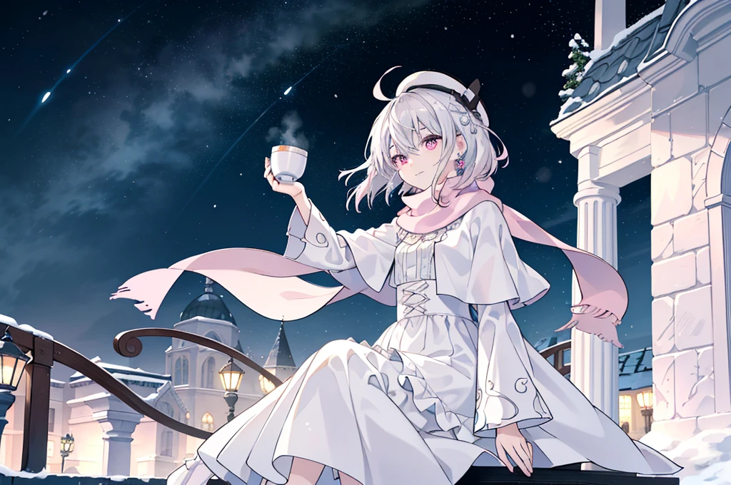 (best quality), (top-quality), (hight resolution), 8K images, (masterpiece), ((perfect face)), (detailed face), (detailed eyes), (clear lines), hair strand,Light skin, ((1girl)), (solo), beautiful fantasy anime, top rated on pixiv, ((short hair)), (expressive eyes), (perfect eyes), (((light_pink eyes))), perfect face, smiling, (white silver hair), (white hair), braided bangs, wind blowing hair, hair over eyes, earrings, {{{{{{{super flat chest}}}}}}}, {{{{{{{flat chest}}}}}}}, (flat chest), White Gothiclolita,pink bow,(White Fur hat), (White Fur capelet), Long scarf, (Full body like),Long scarf, starry night,at winter season,Award-winning photo,extremely detailed,finely detailled, snowy street, snow storm, cozy winter, strong wind, (sitting), (from the balcony), holding a cup of hot tea, in the town, wide shot, beautiful night sky