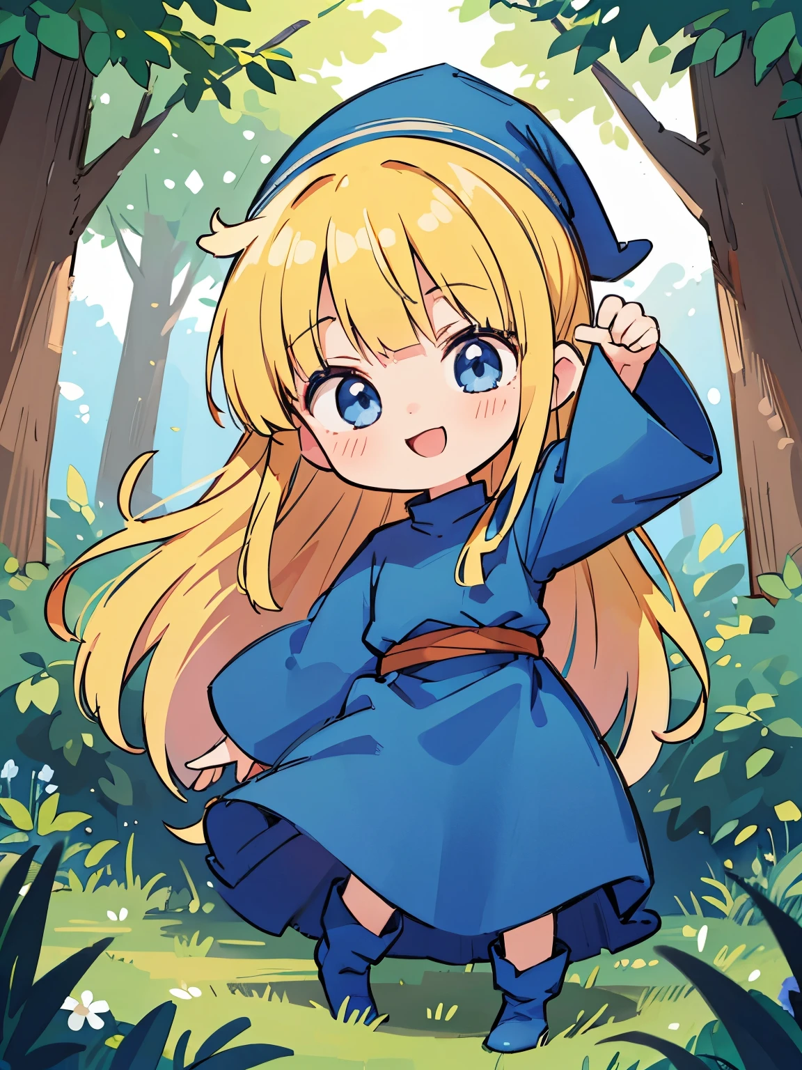 masterpiece, taller than,Anime Drawings,Very detailed, Absurd, Witch P123,One girl, alone, Blonde, Long Hair, blue eyes, blue boots, Blue clothes, Long sleeve,Have,In the woods, ojou-sama pose,smile,Open your mouth,Chibi