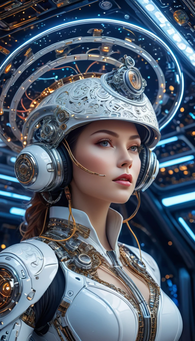 Complex 3D rendering ,Beautiful porcelain contoured mechanical Cowboy on spaceship, cyborg, integrated circuit parts, Cowboy lace hat, rim light, Vibrant details, Luxury Cyberpunk, hyperactual, anatomical, cable wires, microchip, elegant, Starry Sky, Inside the spaceship, octane rendering, 8k, best quality, masterpiece, illustration, extremely delicate and beautiful, Very detailed , CG, wallpaper, (actual, photo-actual:1.37), amazing, Science Fiction, Exquisite details, Electroplated silver