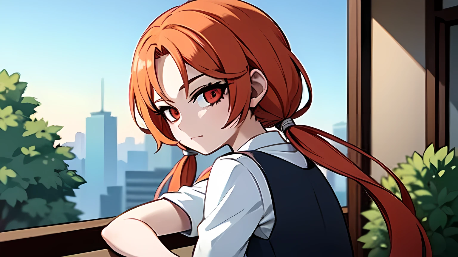 1girl,solo,upper body,looking at viewer,facing viewer,short low twintails,orange curly hair,red eyes,twin parted bangs,hair pulled back