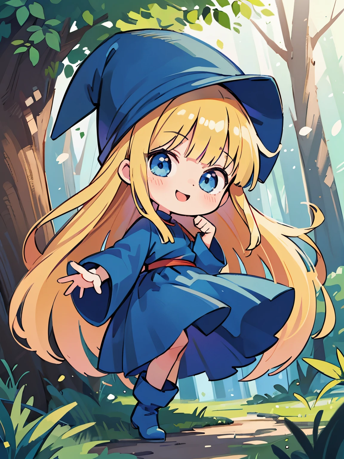 masterpiece, taller than,Anime Drawings,Very detailed, Absurd, Witch P123,One girl, alone, Blonde, Long Hair, blue eyes, blue boots, Blue clothes, Long sleeve,Have,In the woods, ojou-sama pose,smile,Open your mouth,Chibi,Red ribbon,Red waistband