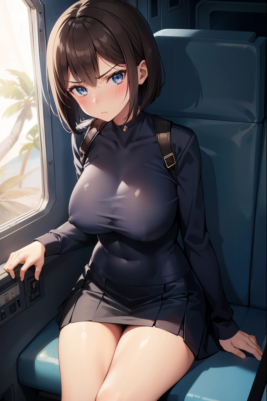 ,1 girl,Navy Blue American Police,Navy blue mini skirt,blue eyes,serious face,brown hair,bob hair,jungle,,blush,Licking,Slender,Inside the transport plane,sit,