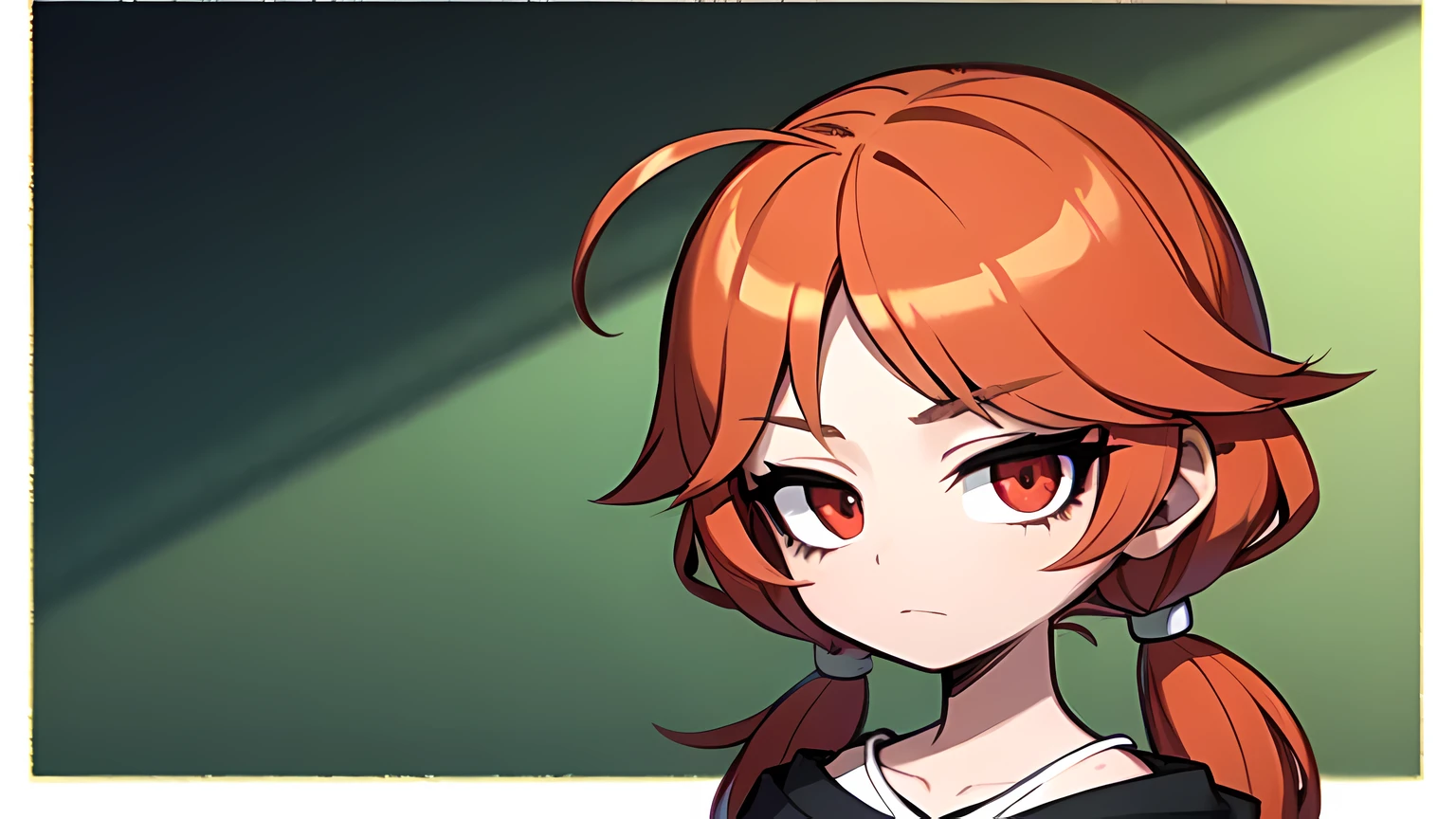 1girl,solo,upper body,looking at viewer,facing viewer,short low twintails,orange curly hair,red eyes,twin parted bangs,hair pulled back