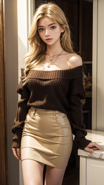 one girl, 19 years old, alone, Long Hair, , View your viewers, Blonde, Exposing shoulders, Brown eyes, gem, whole body,Pause,from head to toe, front, necklace, Off the shoulder, sweater, Realistic, Sexy,