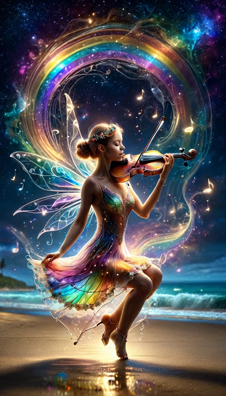 Made by AIS-RCN, 8k photo, "words, Like a beautiful fairy, Jumping out of a clear glass violin, Turn thoughts into delicate works of art.", Supple, Side light, The notes sway and soar to the rhythm、The background is a beautiful night beach、Rainbow-colored notes soar from the violin