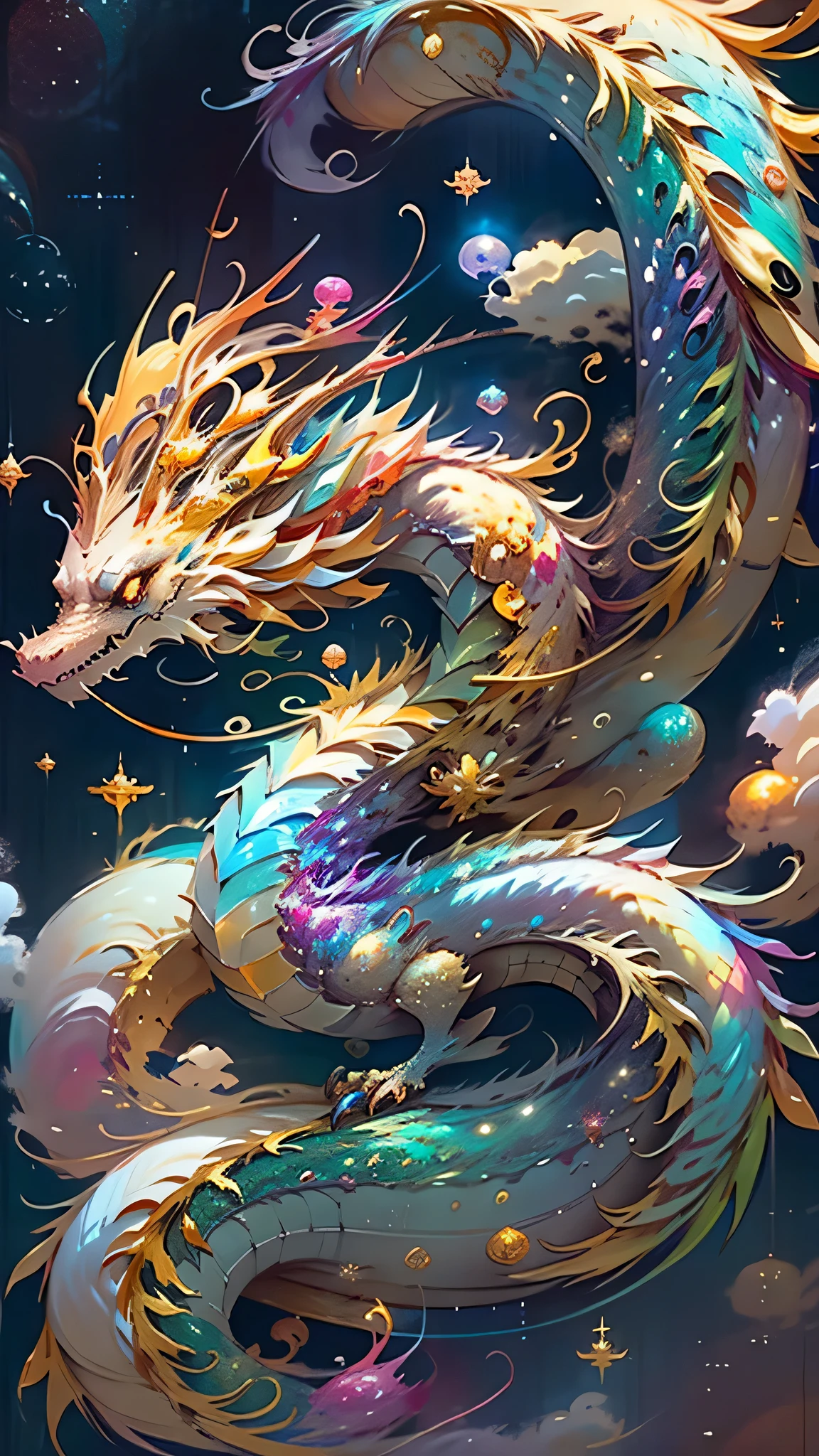 Golden Dragon。Rainbow glowing scales。The dragon god is coming。Golden Splash、Milky Way、god々々right