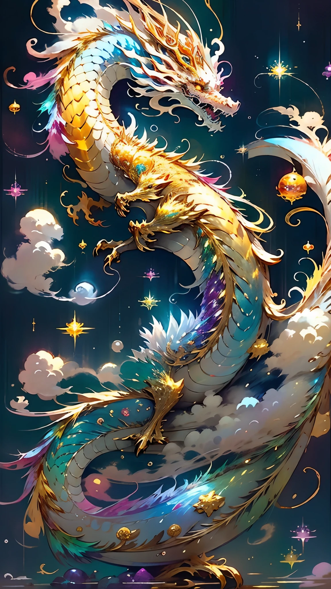 Golden Dragon。Rainbow glowing scales。龍god降臨。Golden Splash、Milky Way、god々々right