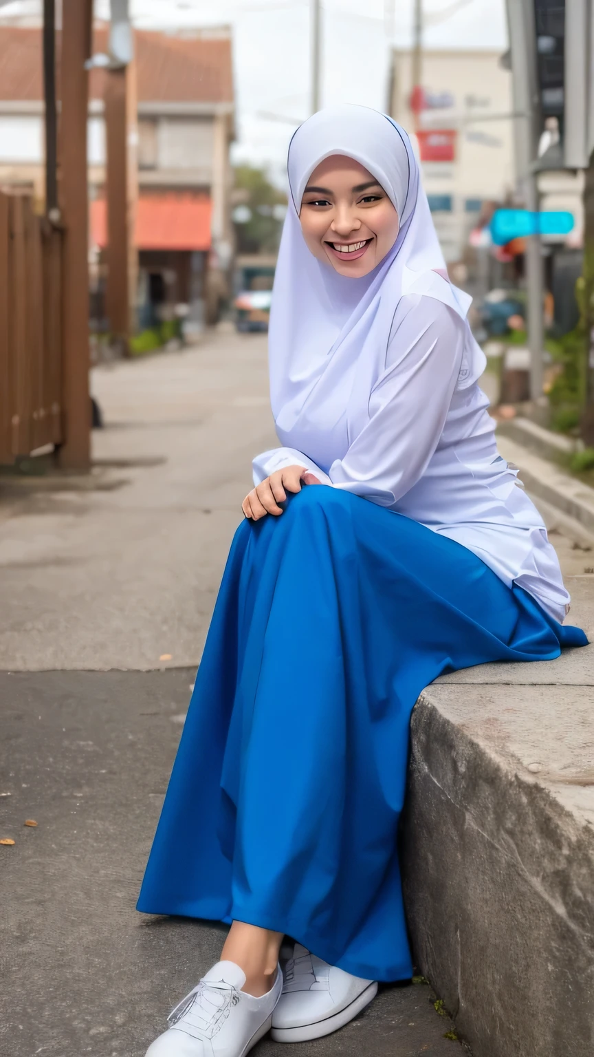 1 girl, (white dress), ((wearing hijab)), ((blue skirt)), long sleeve, best quality, masterpiece, ultra high resolution, (photo realistic:1.4), RAW photo, (very large breasts,full body:1.2), looking at camera, elegant, japanese, soft cloth, satin fabric, (teenager), babyface, beautiful style, very pretty, blushing, flawless, naughty grin, seductive posing, buttocks, side view, (back view), SMILE, open breasts, naughty, showing boob, standup, showing butt, curvy naughty, arid,