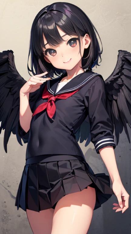 ((masterpiece)),((highest quality)),((Anatomical)),((Realistic)),((Detailed Description)),((cute)),((女の子のcute部屋)),(((fallen Angel))),((Beautiful eyes)),(()),((Petite)),((Bewitching Smile)),((Jet-black wings)),((Sailor suit)),((skirt)),