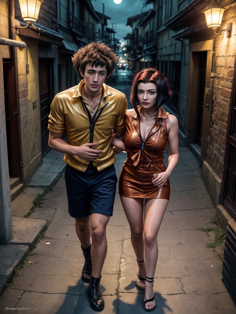 (masterpiece, best quality:1.2), American shot of a couple, 1boy and 1girl, Spike Spiegel, Faye Valentine, wearing their respective outfits, from above, (from front), they are walking together in a street by night, Fantasy art, painting of beautiful, Guvaica style, details