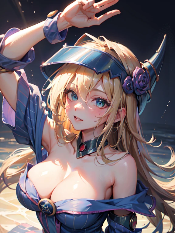 master piece,best quality,ultra detailed,8k,
ambient light,realistic skin,glossy skin,break、
(dark magician girl, duel monster, blush stickers, blonde hair, green eyes, long hair, breasts, blush, bangs, large breasts, hair between eyes, pentacle, pentagram, hat, dress, cleavage, bare shoulders, collarbone, choker, blue headwear, wizard hat, bracer, detached sleeves;)、break、
A realistic depiction of a person trapped inside a glass bottle, 、(lie face down:1.3)、(the body is very wet:1.5)、yukata、Glossy lips、Slightly emphasize the lower lip、A refreshing smile、emphasizing the cleavage、