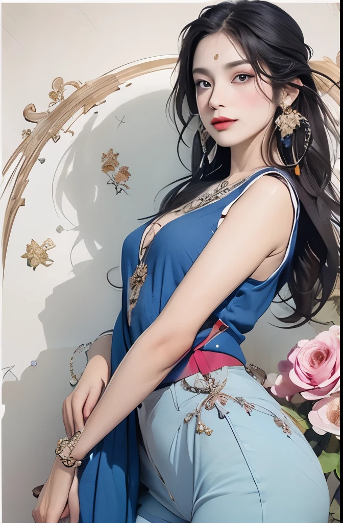 (masterpiece, quality, best quality, official art, Pretty and beautiful:1.2), (1 girl:1.3), Very detailed,(Fractal Art:1.1),(colorful:1.1)(Flowers:1.3),Most detailed,(Tangled:1.2), whole body, leg，(abstract background:1.3), (Glowing skin), (Many colors:1.4), ,(Feather earrings:1.5),