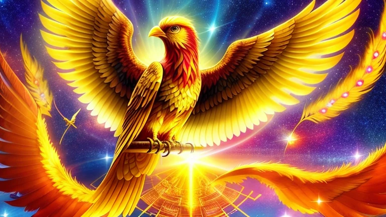 There is a golden bird flying in the sky with the stars, Solarpunk Phoenix, Golden Wings, Phoenix Rise, Mysterious Space Envoy, with fiery Golden Wings, phoenix artwork, Symbol of rebirth, Ophanim has bird wings, phoenix, Phoenix Rise from the ashes, &#39;&#39;Phoenix Wallpapers, Golden Feather, Golden Wings, Holy Spirit