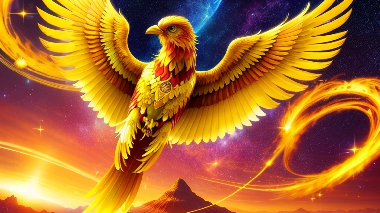 There is a golden bird flying in the sky with the stars, Solarpunk Phoenix, Golden Wings, Phoenix Rise, Mysterious Space Envoy, with fiery Golden Wings, phoenix artwork, Symbol of rebirth, Ophanim has bird wings, phoenix, Phoenix Rise from the ashes, &#39;&#39;Phoenix Wallpapers, Golden Feather, Golden Wings, Holy Spirit