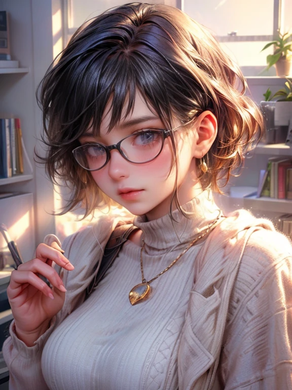 (masterpiece:1.2, best quality, 16k, highres, ultra-details:1.2, photorealistic:1.37),, A beautiful girl in an office with round glasses,working,professional ladies suits,beautiful detailed eyes,beautiful detailed lips,detailed face,short bob hair, confident expression,neat appearance,organized desk,computer,documents,telephones,rings on her fingers,morning sunlight,modern office,air conditioning,inspiring quotes on the wall,sophisticated lighting,best quality,high-res,ultra-detailed,realistic,hdr,professional,crisp colors,clean lines,dynamic composition.