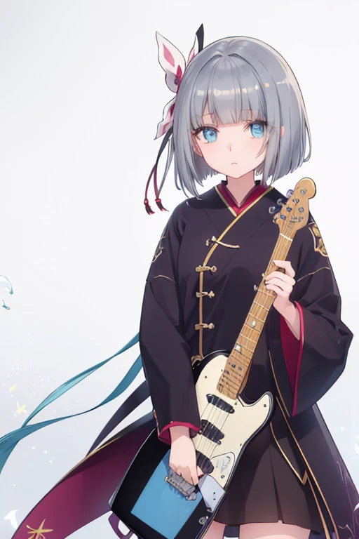One Girl、I have a Telecaster、Angelic、Angelic衣装、Angelic輪、god々々right、cute、Gray Hair、length、Angelic翼、empty、heaven、heavenly background、Floral、masterpiece、highest quality、Best image quality、Bright Blue Eyes