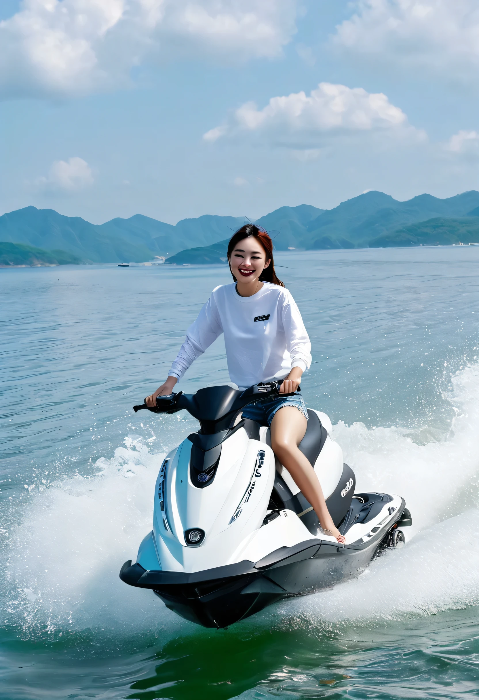 The beautiful Korean woman riding a jet ski was going to ride with you, oh, you don't know where. Yes, I've ridden myself on the waves at sea. Wearing a white t-shirt with long sleeves. Jeans. A sweet smile. As sweet as a layered cake with legit legit. Mixed coffee is more delicious. the sky is clear, as bright as your wallet. the clouds are beautiful. as beautiful as your seduction, the sun shines softly, the picture is clear, please don't use blurry. so you can see it clearly. which one is me, which one is he. so there is no mistake. tell me it's a shame, he's dating her. This life is realistic. Don't believe it. HD levels need work. "Just a natural view.