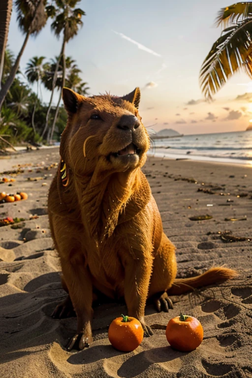 cheerful capybara eats tangerines on the beach of the sea coast under a palm tree