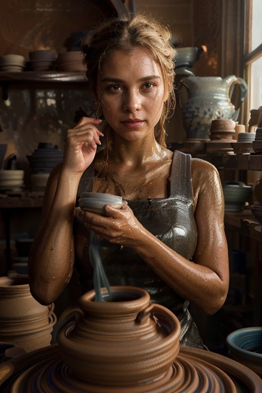 1 woman, working at (pottery wheel:1.7), she's shaping wet clay, (she's looking at camera), (she's shaping wet pottery clay:1.7) , she is a gorgeous,,(interior ceramic studio)), stunning natural lighting on every element,), realistic photo, (55% of photo is black in drawing:1.4), she's has (eye contact:0.3) skill , (she wears apron, jeans), (shaping clay:0.4) beautiful face, slight smile, intense presence, masterpiece, obsessively detailed pottery throwing wheel, cozy relaxed, teasing us, catching us, beautiful hands, kind eyes, gorgeous, incredible details, ((high contrast)), (deep, darkest shadows), (shadow details:1.3), ((taken using Leica camera, aperture: f/2.3)) , hyper-realistic skin, pores, scar, mole, (she has blonde hair pulled away from face, tidy updo,), (natural look), natural resting, perfect hands, relaxed moment, messy clay hands, forming wet clay into tall shape, she's in dark with natural light glow, (romantic light:0.7), radiant skin, perfectly framed face, perfect relaxed hands, perfect fingers, (perfect portrait, incredible eyes:0.7), a work of art, hans memling composition, golden ratio, inspiring, (highest quality fabric texture), every detail,Fine facial features – (Highest Quality) ,Leica camera film, High quality ○○ detailed – ○○ details ultra detailed(Ultra-fine ), Photorealistic, Extremely detailed(Extremely detailed) , (highest detail image, lens flare, realistic)○○ res – ○○ resolution ultra high res(A high resolution),playful relaxed photos