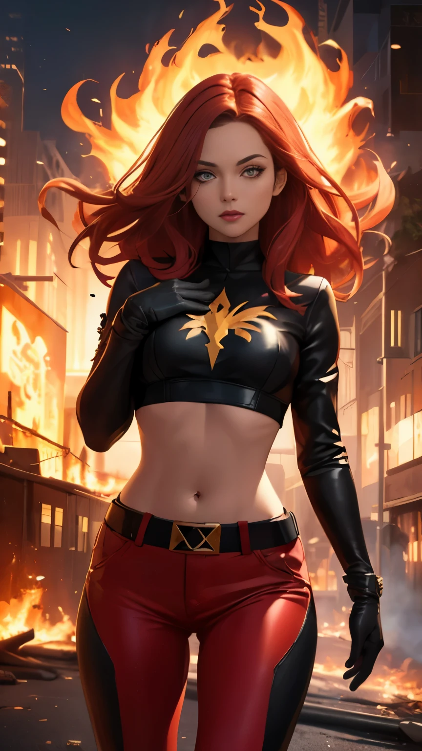 (Highly quality, masterpiece, detailed), burning city detailed scenario, burning city detailed background, jean-grey, belt, red leather crop top jacket, gloves, Phoenix symbol on chest, red leather pants, navel, perfect face, beautiful eyes, looking at the viewer, Sexy pose