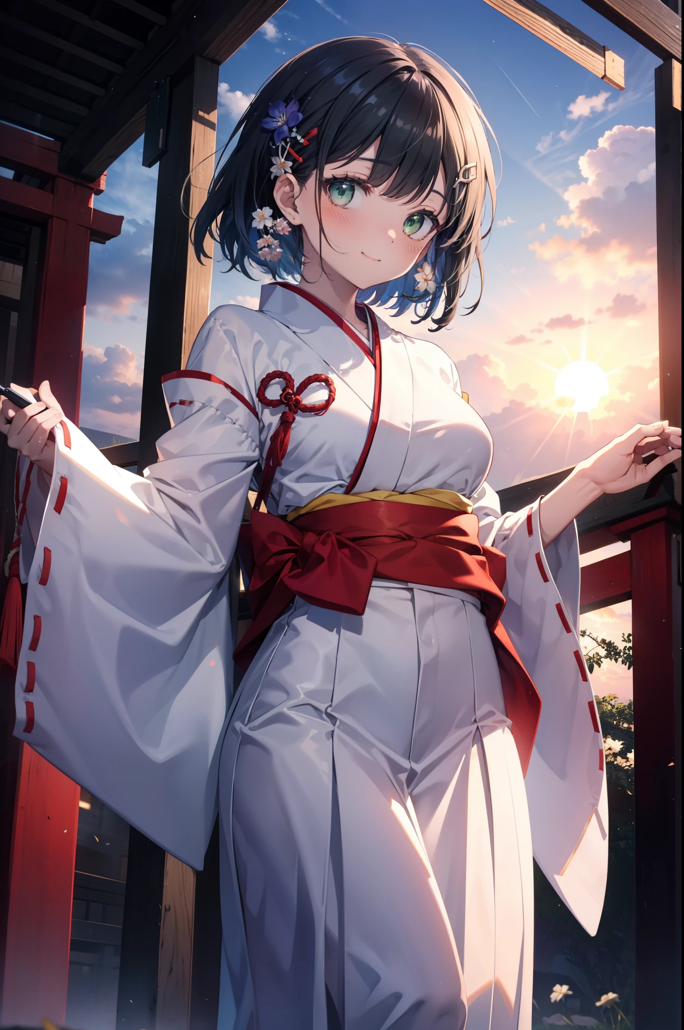 Suguhakirigaya, Suguhakirigaya, (Green Eyes:1.2), hair ornaments, Hair Clip, short hair,blush,smile, Black Hair,Platycodon grandiflorum,Miko, White Kimono, Large sleeves,red hakama,kimono, white foot bag,Zori sandals,As with the skirt, Wide sleeves, Long sleeve, Ribbon-trimmed sleeves, evening,sunset,The sun is setting on the horizon,
break looking at viewer, (Cowboy Shot:1. 5)
break indoors,shrine,torii,coastal,
break (masterpiece:1.2), highest quality, High resolution, unity 8k wallpaper, (figure:0.8), (Beautiful fine details:1.6), Highly detailed face, Perfect lighting, Highly detailed CG, (Perfect hands, Perfect Anatomy),