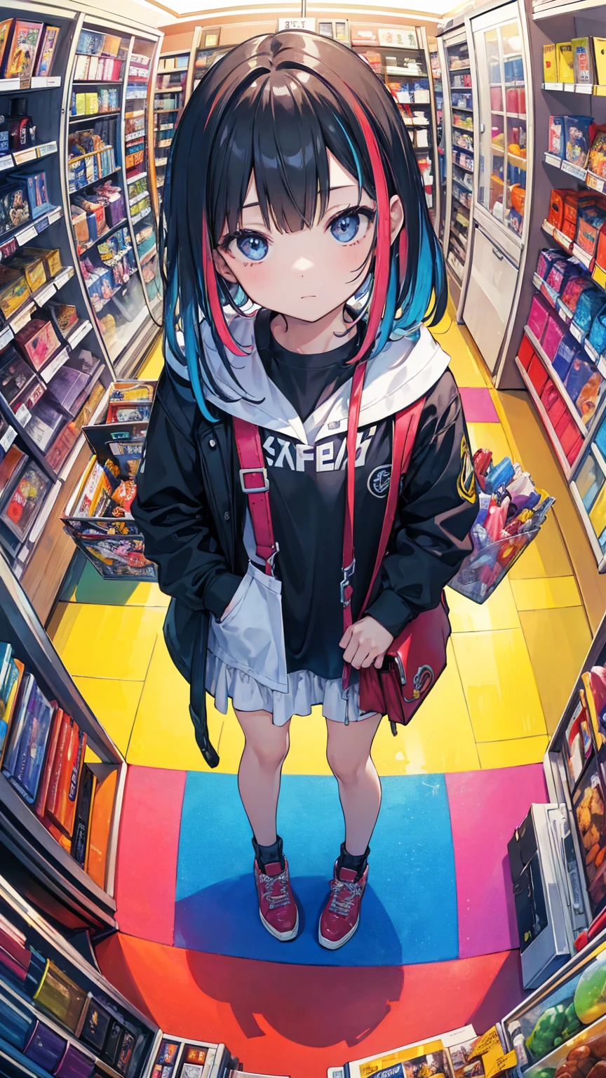 (masterpiece, best quality), (colorful:1.4), from above, solo, 1girl standing in a store with lots of action figures on the shelves and a bag of collectibles, depth of field, fisheye lens