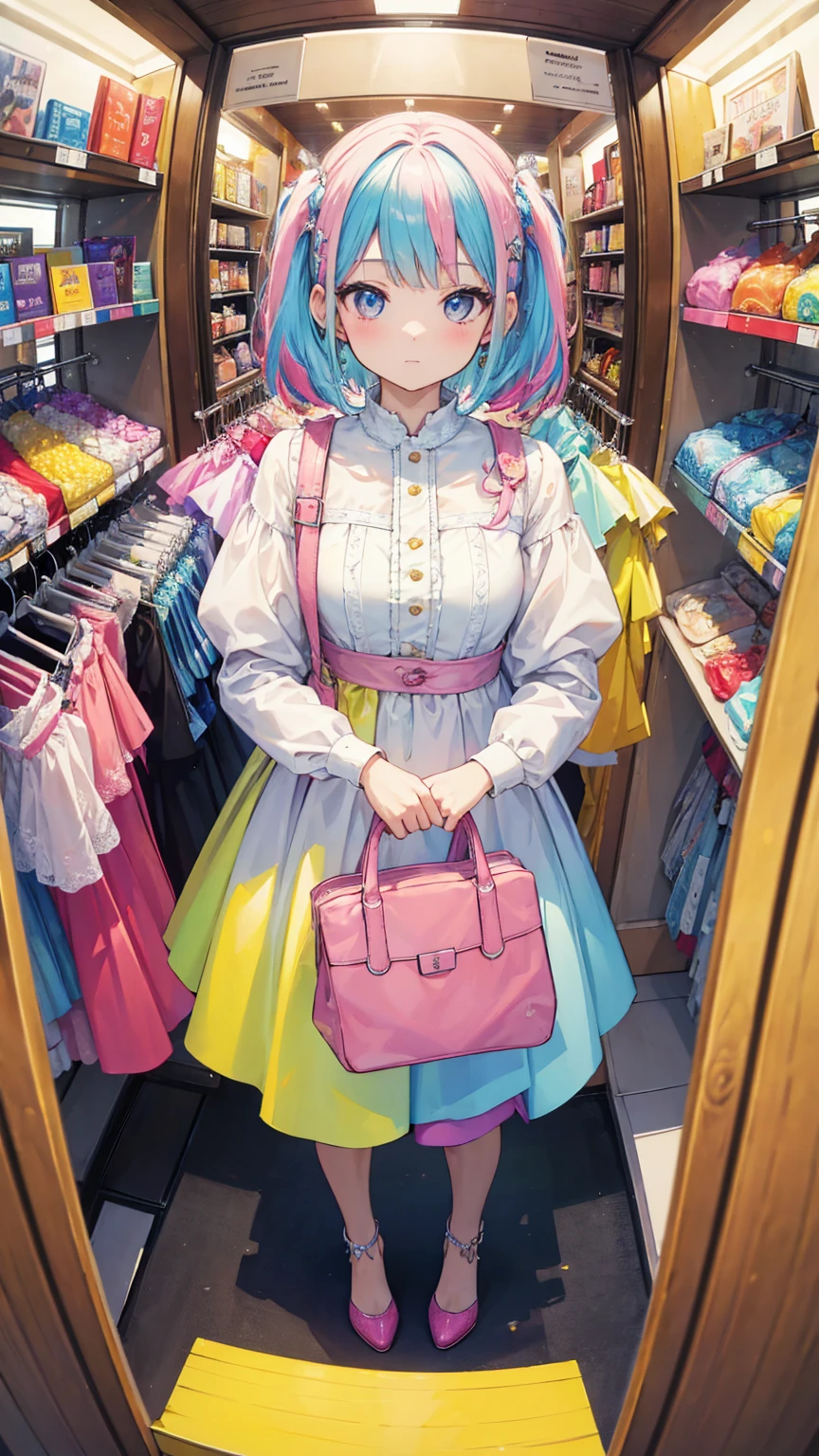 (masterpiece, best quality), (colorful:1.4), from above, solo, 1girl standing in a boutique with lots of designer dresses on the racks and a bag of purchases, depth of field, fisheye lens