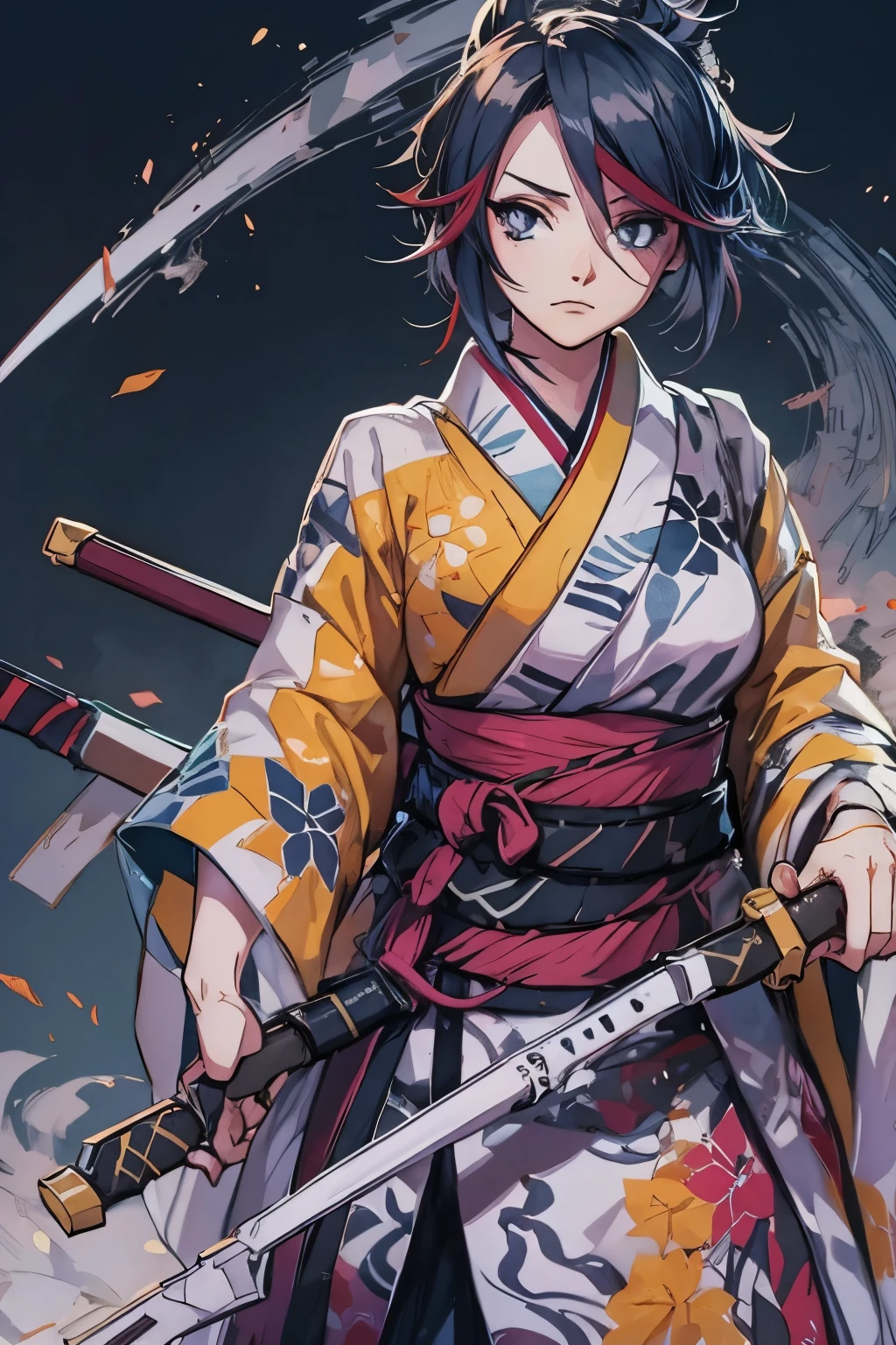 um desenho de uma mulher com uma roupa preta segurando uma espada, inspirado em Kusumi Morikage, inspirado em Kanō Hōgai, inspirado em Kano Sanraku, inspired by Kawabata Ryūshi, samurai feminino, Japanese anime style, personagem de estilo anime