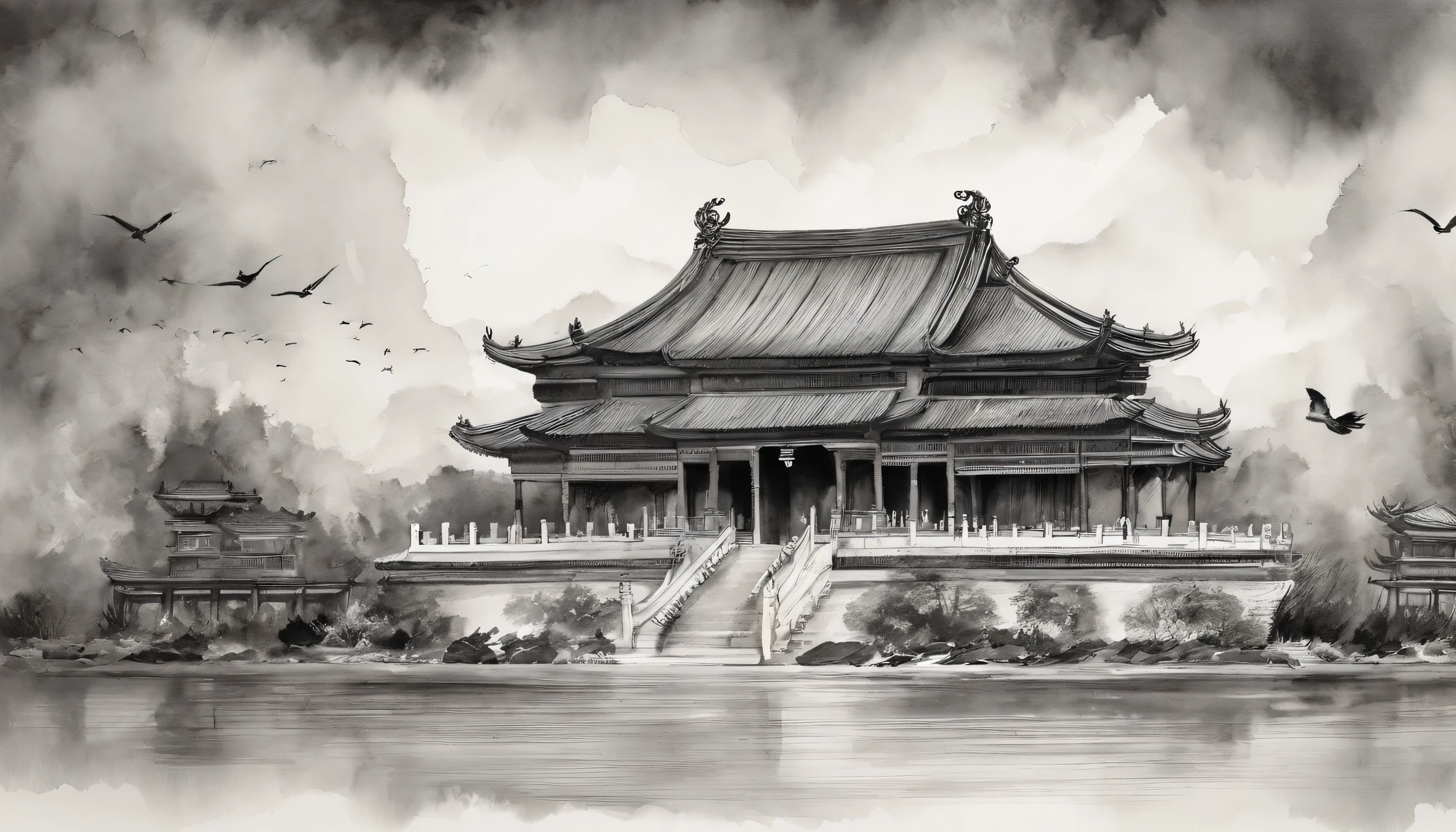 Chinese Temple,Heavenly offering ceremony,Pray for blessings,family,3 people,Sky,worship heaven and earth,Black and White,Ink,temple,temple,ancient building
