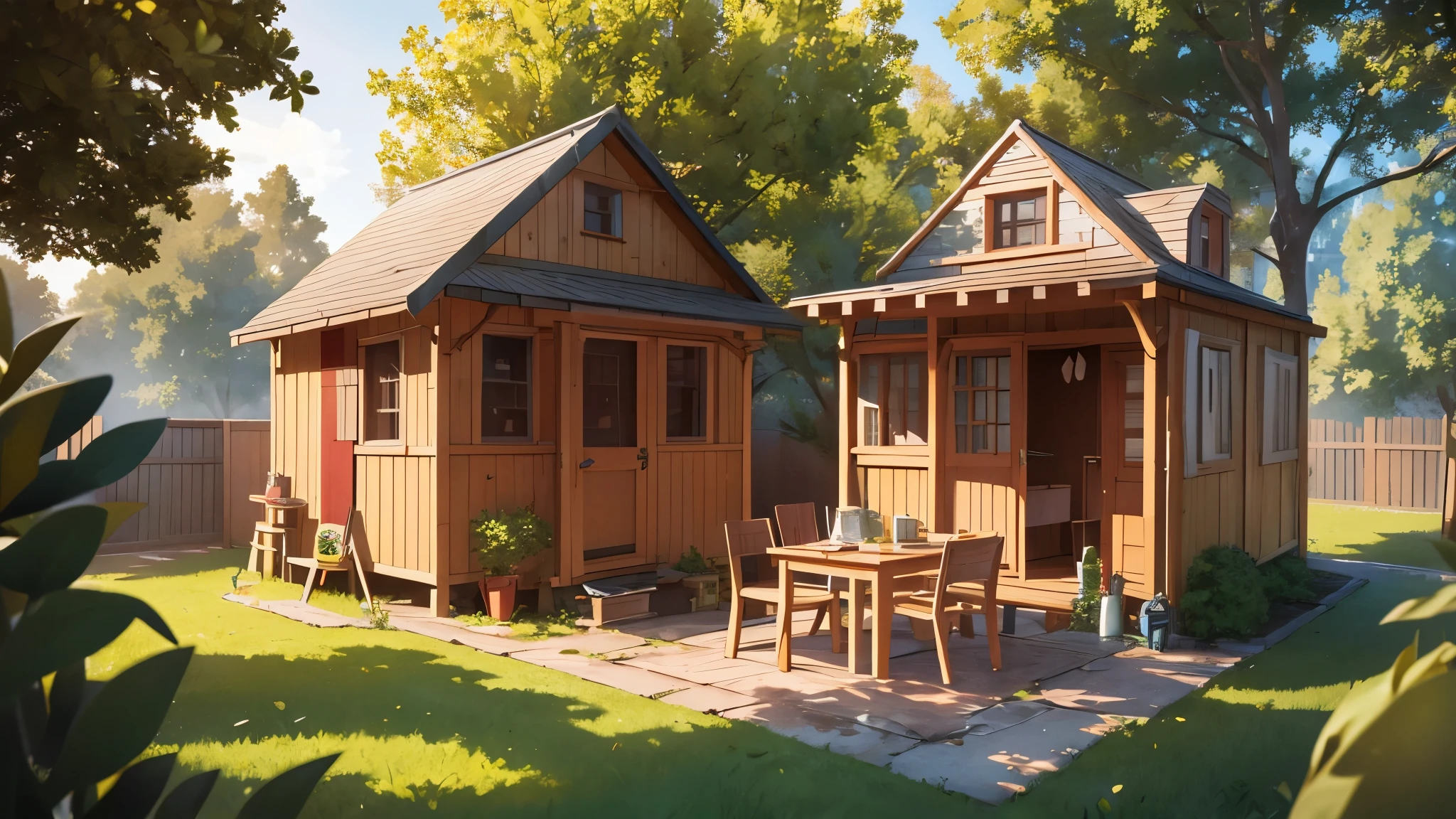 The sun shines through the gaps in the leaves and falls on the protagonist's backyard,A small table and chair for homework is set up in the backyard,Red cabin,summer,3D,high-definition,Hayao Miyazaki style,Cartoon Style