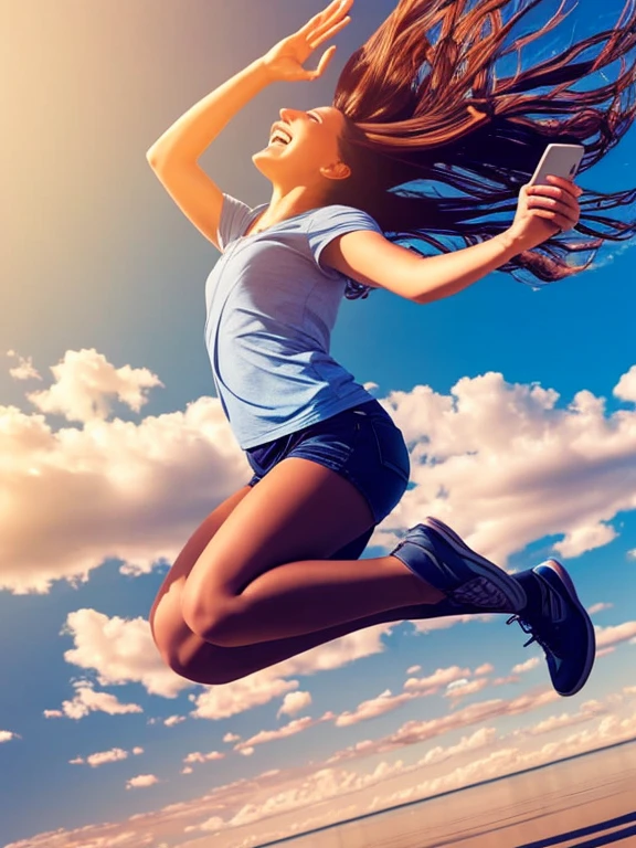 create a woman jumping for joy looking at her smartphone
