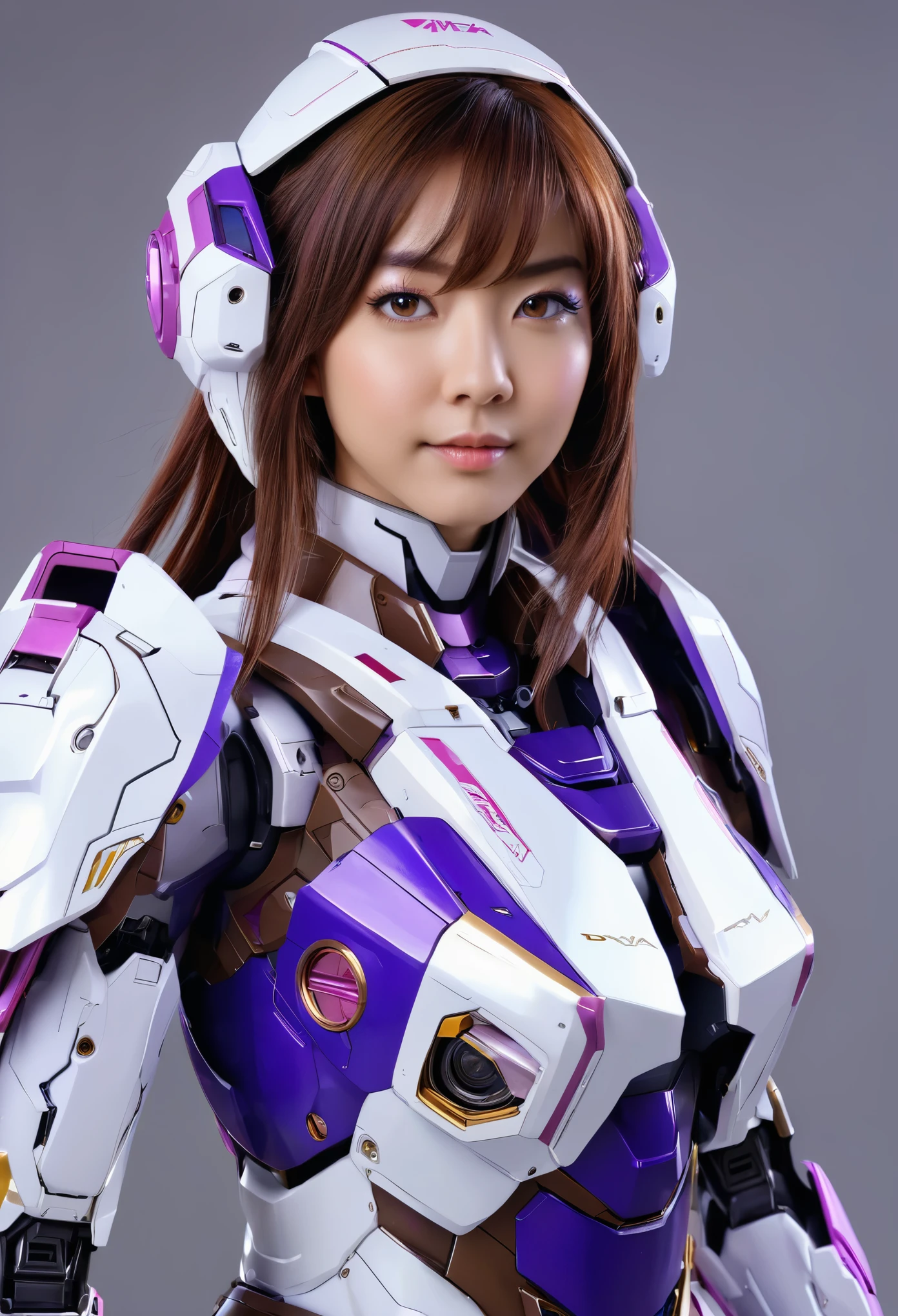 RAW, Masterpiece, Ultra Fine Photo,, Best Quality, Ultra High Resolution, Photorealistic, Sunlight, Full Body Portrait, Stunningly Beautiful,, Dynamic Poses, Delicate Face, Vibrant Eyes, a full body of a woman in a purple and white gundam custume, dybamic pose, long brown very very long hair rapunzel, girl in mecha cyber armor, portrait armored astronaut girl, d. va from overwatch, female mecha, on a gundam, gundam head, chiho aoshima color scheme, mobile suit, streamlined purple armor, fully robotic!! girl, realistic cosplay, gundam armor , full body, sit down, full body