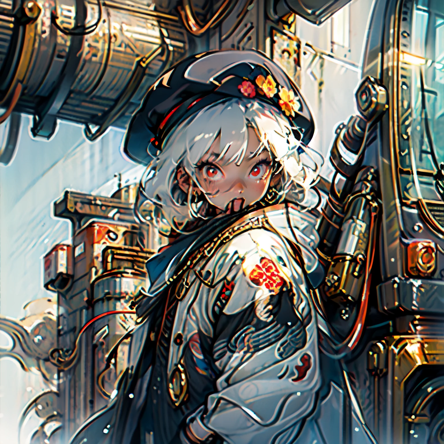 highest quality, 4k wallpaper, masterpiece, Very detailed CG ユニティ 8k 壁紙, Very fine grain, Very detailed, Intricate details, One girl, Fantasy, An illustration, Showa Era, White Hair Girl, Red eyes, blue beret,Black-flowered wintersweet,steampunk,Japan,Red Eyes