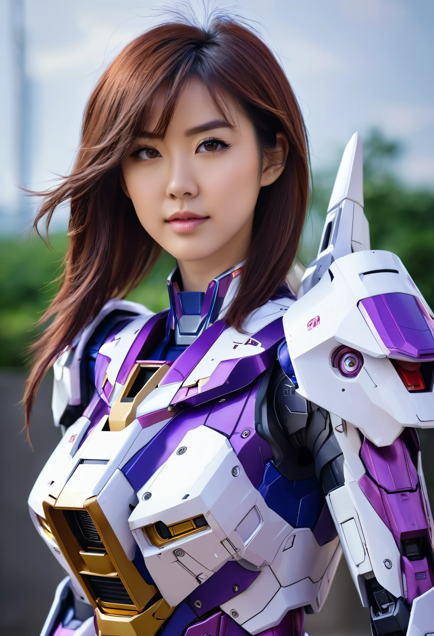 RAW, Masterpiece, Ultra Fine Photo,, Best Quality, Ultra High Resolution, Photorealistic, Sunlight, Full Body Portrait, Stunningly Beautiful,, Dynamic Poses, Delicate Face, Vibrant Eyes, a full body of a woman in a purple and white gundam custume, dybamic pose, long brown very very long hair rapunzel, girl in mecha cyber armor, portrait armored astronaut girl, d. va from overwatch, female mecha, on a gundam, gundam head, chiho aoshima color scheme, mobile suit, streamlined purple armor, fully robotic!! girl, realistic cosplay, gundam armor , full body, sit down, full body
