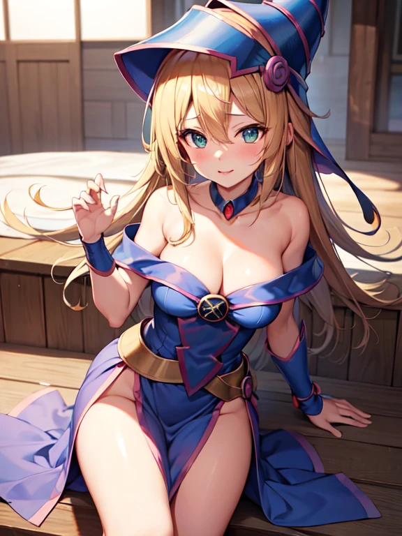 masterpiece, best quality, ultra-detailed, illustration,masterpiece, Best quality, high resolution, high resolution, dark magician girl, duel monster, blush stickers, blonde hair, green eyes, long hair, blush, bangs,hair between eyes, pentacle, pentagram, hat, dress,tight dress,bare shoulders, collarbone, choker, blue headwear, wizard hat, bracer, detached sleeves,beautiful detailed eyes, looking at viewer in a seductive look, close up, (breast focus), (arms behind back:1.2), (from above:1.1), big sized breasts, (breasts out:1.3), attempt to seduce,huge tits,(nipples),(show nipples),(show tits)