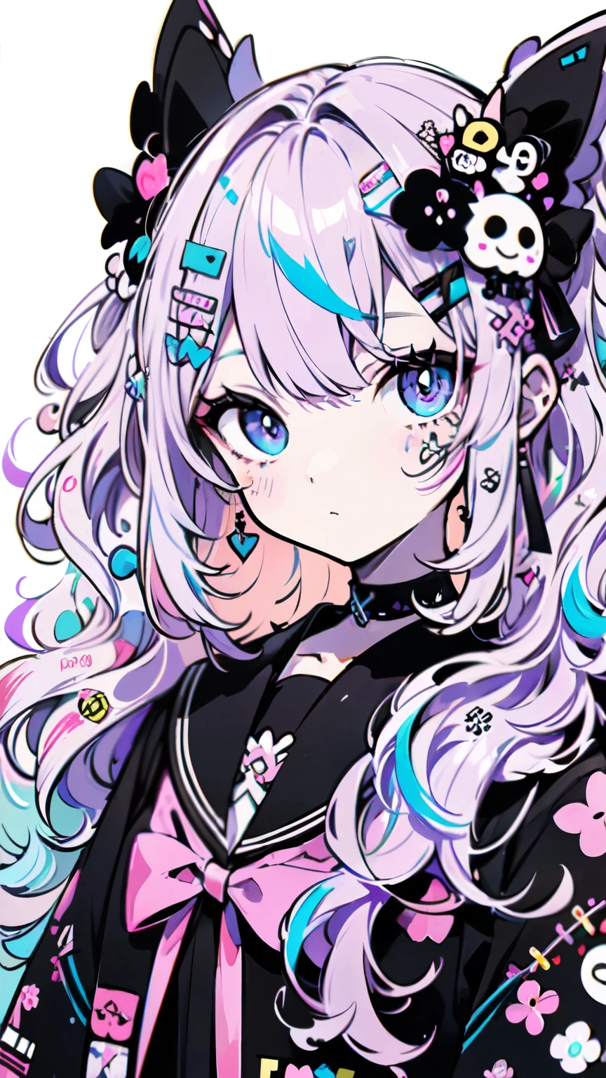 ((masterpiece、8K、highest quality)), Detailed face, Fine grain,(SupportHair)、((light purple hair))、((multi color hair))、((SupportHair))、Bright Blue Eyes、One girl、(Wavy Hair)、((Harajuku fashion))