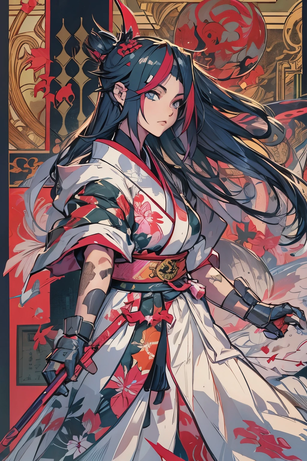 um desenho de uma mulher com uma roupa preta segurando uma espada, loira, rosto ultra detalhado, alhos azuis brilhantes, inspirado em Kusumi Morikage, inspirado em Kanō Hōgai, inspirado em Kano Sanraku, inspired by Kawabata Ryūshi, samurai feminino, Japanese anime style, personagem de estilo anime