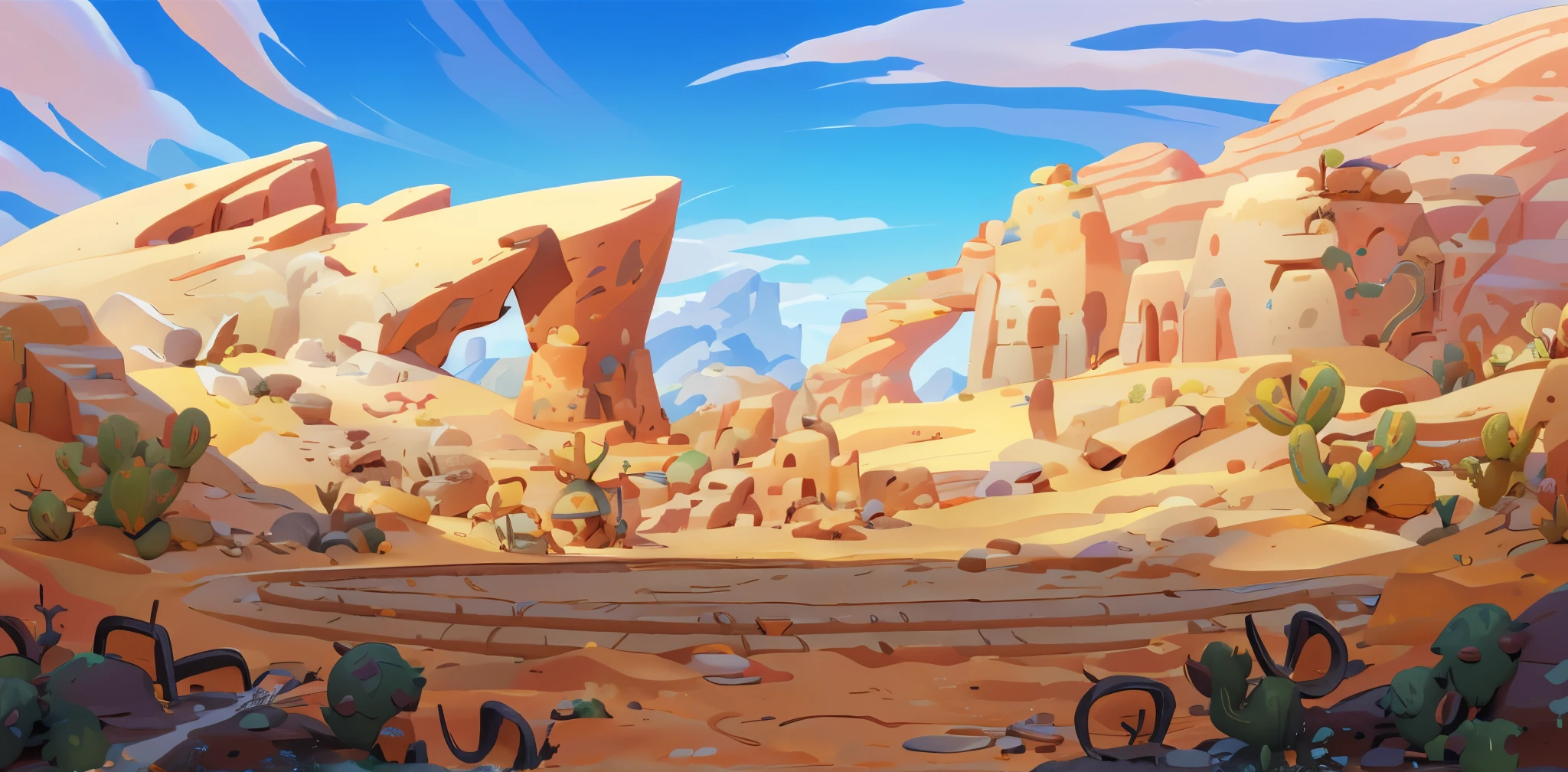 Cartoon desert landscape with small pond and cactus plants, canyon background, mobile Game Background, 2D Game Art Background, Desert Background, background technology, Game Background, arena background, videoGame Background, background technologywork, 2d Game Background, Desert Environment, brown canyon background, Desert wasteland, dark Desert Background, Wild West background, new mexican Desert Background