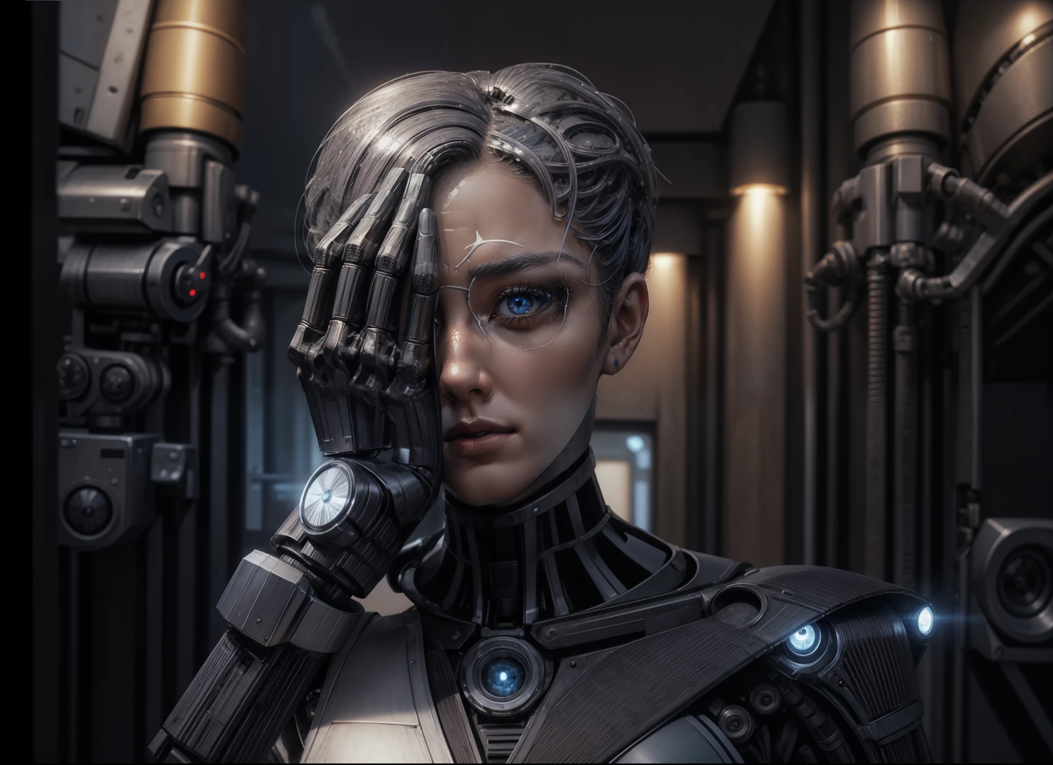 extremely detailed robotic eye,metallic body,shiny silver surface,R2-D2-like appearance,mechanical joints and gears,cutting-edge technology,advanced AI capabilities,interacting with humans,performing complex tasks,highly efficient and precise movements,sci-fi concept art,technological innovation,blue and silver color scheme,dynamic and futuristic lighting