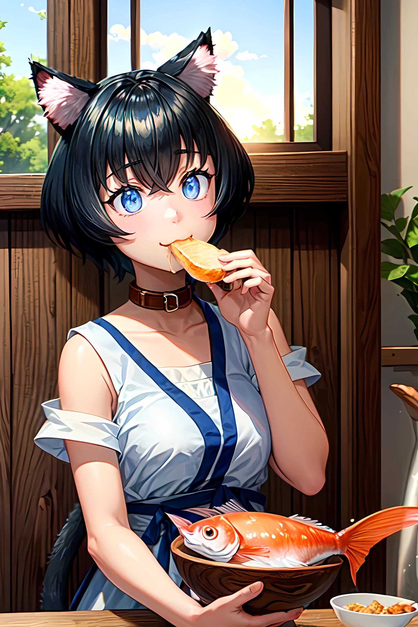 (masterpiece), (high_quality:1.3), Miria, cat ears, ((blue)) cat tail, cat girl, collar, :3, happy, holding_food, (((eating))) ((fish)), indoors, wooden_house, looking_at_viewer, morning, sunrise, [[forest]], anime